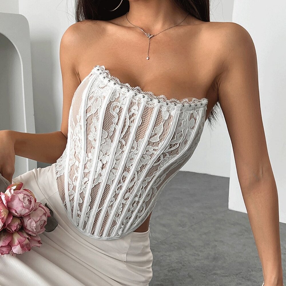 White Romantic Vintage inspired Women's Elegant Floral Print Bustier Top